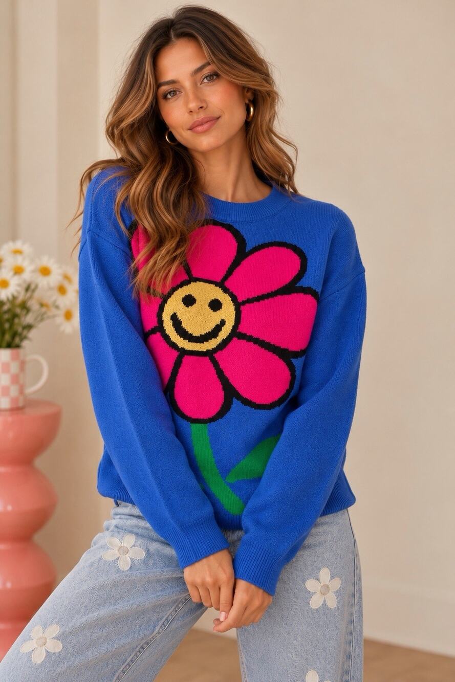 Denim Love Sweater OS Blue Pink Smiley Flower Daisy Graphic Knit Y2K Retro